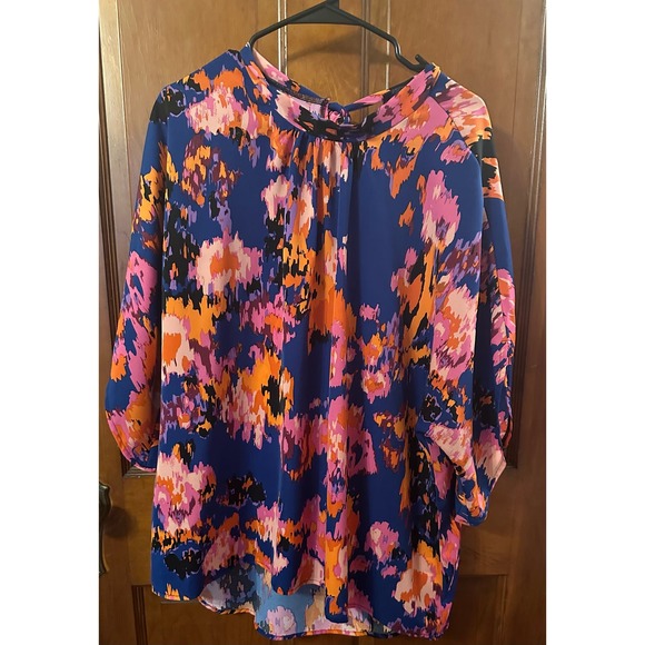 SHEIN VCAY Plus Allover Print Mock Neck Blouse floral and royal blue 2X - Picture 5 of 7